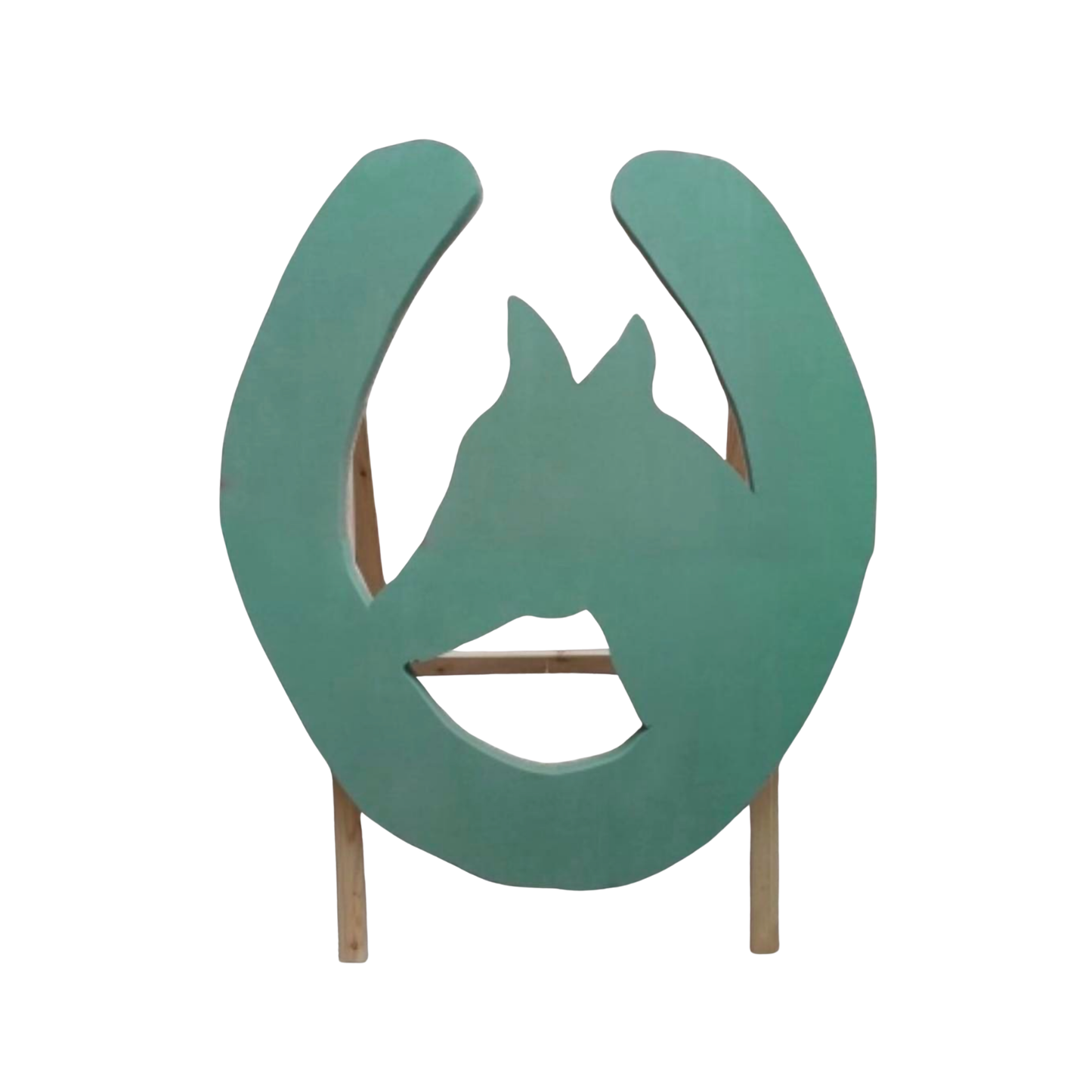 Horse head within horseshoe on stand
