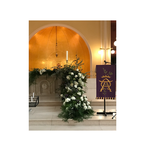 Tumbling roses and fern church alter